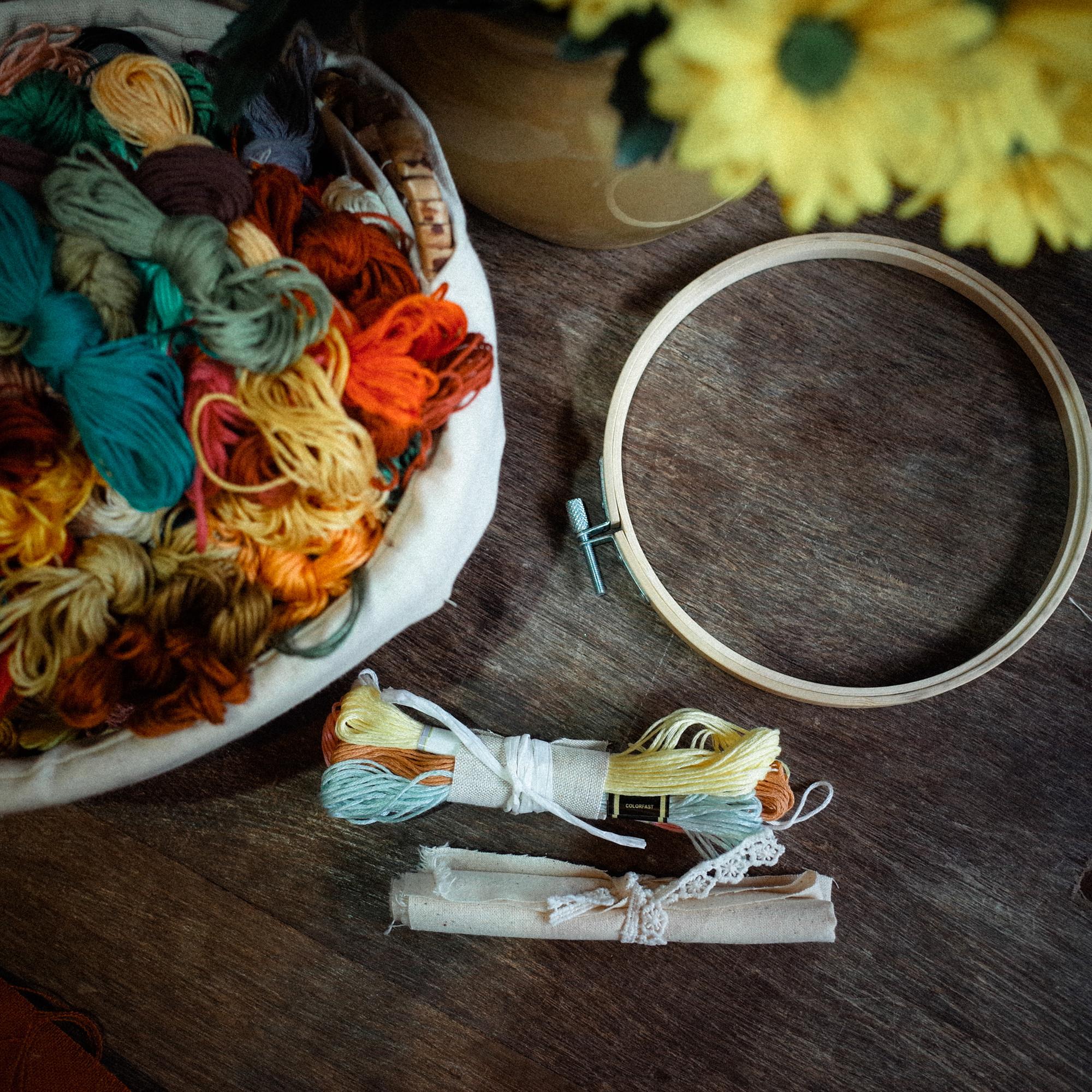 Soft embroidered textile on wooden table
