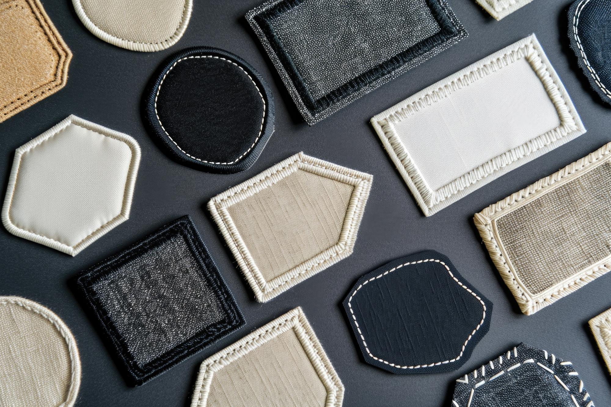 Samples of embroidered labels and patches